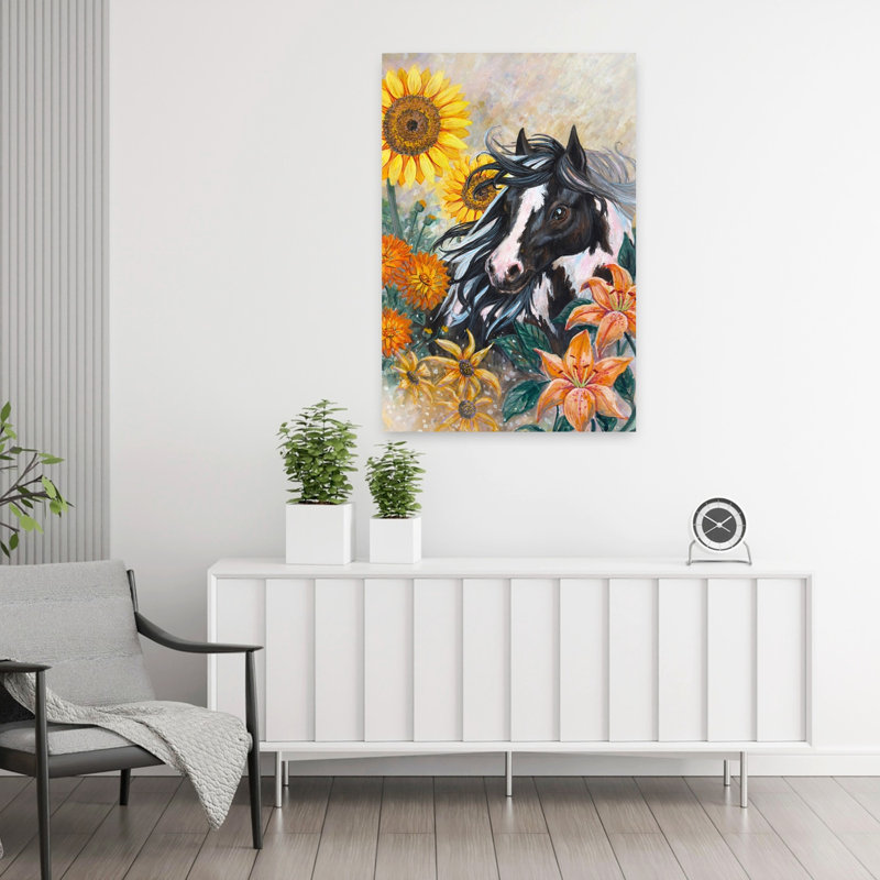 Cheval parmi les tournesols, art abstrait coloré de dahlia, H 36 po x l 24 po