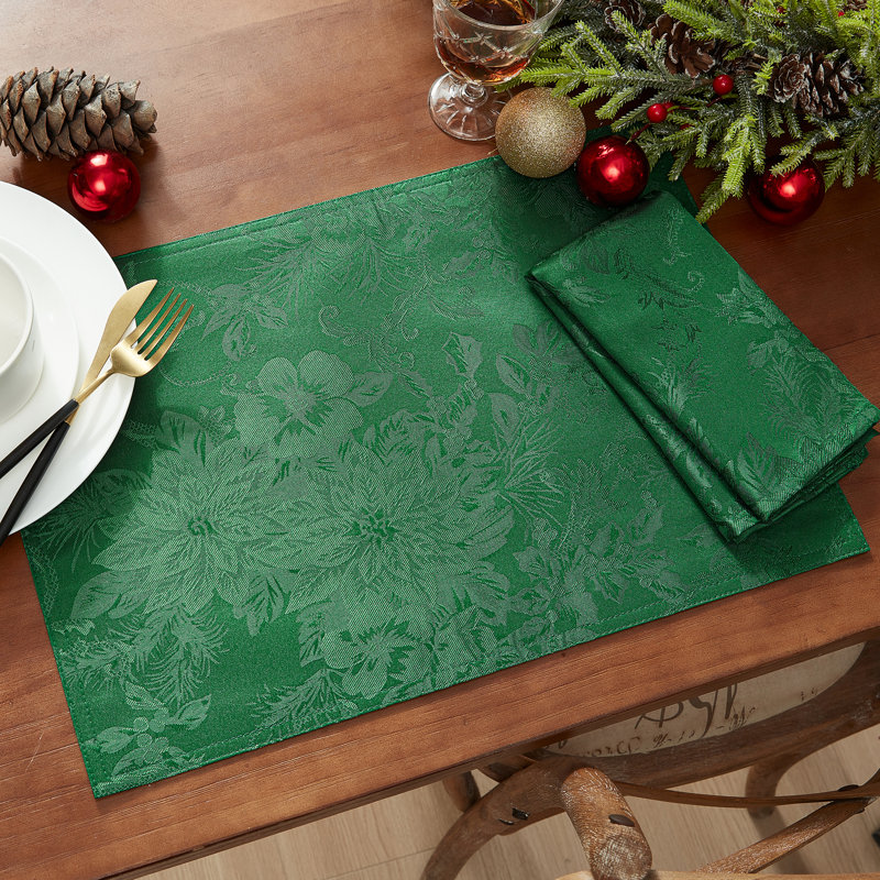 Green Jacquard Poinsettia Holiday Placemats Set of 4