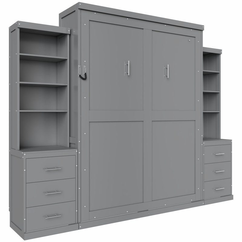 Lit escamotable double avec tablettes de rangement et tiroirs, gris, Double