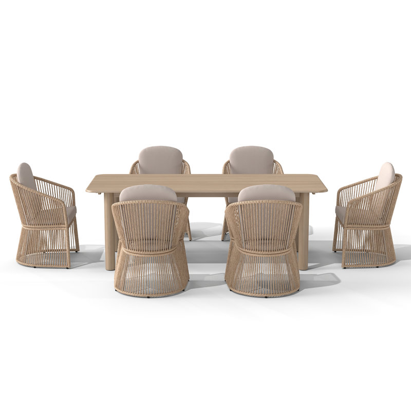 7-piece Alfresco Dining Set With Solid Wood Table And 6 Steel Frame Armchairs