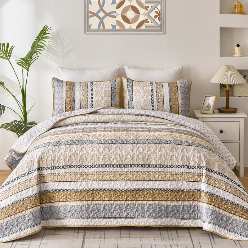 Ensemble de courtepointe 3 pièces Boho, Courtepointe pour lit grand + deux taies décorati, Brun