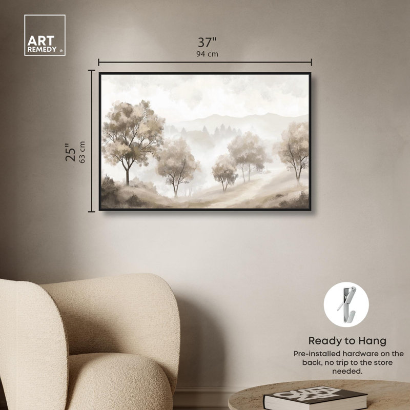 Illustration sur toile Trees in the Mist II par Art Remedy, Cadre flottant noir, H 25 po x l 37 po x P 1,8 po