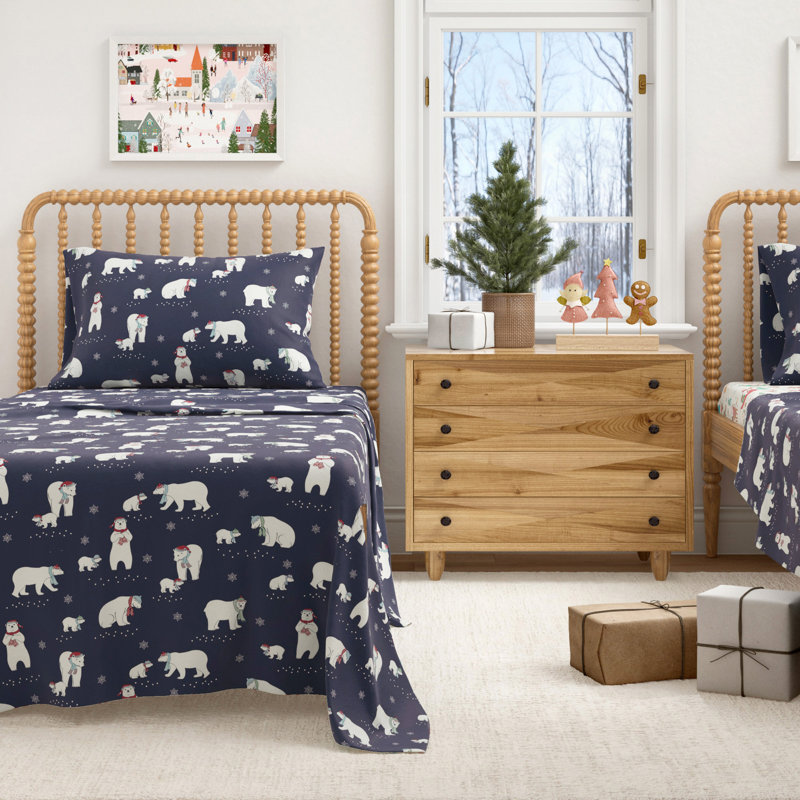 100% Turkish Cotton Flannel Christmas Sheet Sets, Navy Polar Bears, King with 2 Pillowcases