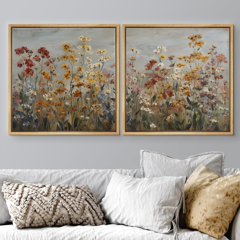Warm Autumn Meadow Flower Botanical Wall Decor Framed Master Bedroom Wall Art Work 2 Pieces Print, Natural Floater Frame
