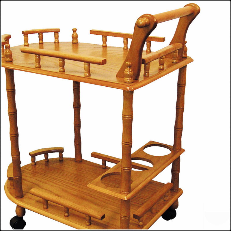 Grande table à vin en bois à 2 niveaux de 29 pouces avec finition chêne, roues verrouillables et rangement polyvalent pour une utilisation élégante et fonctionnelle