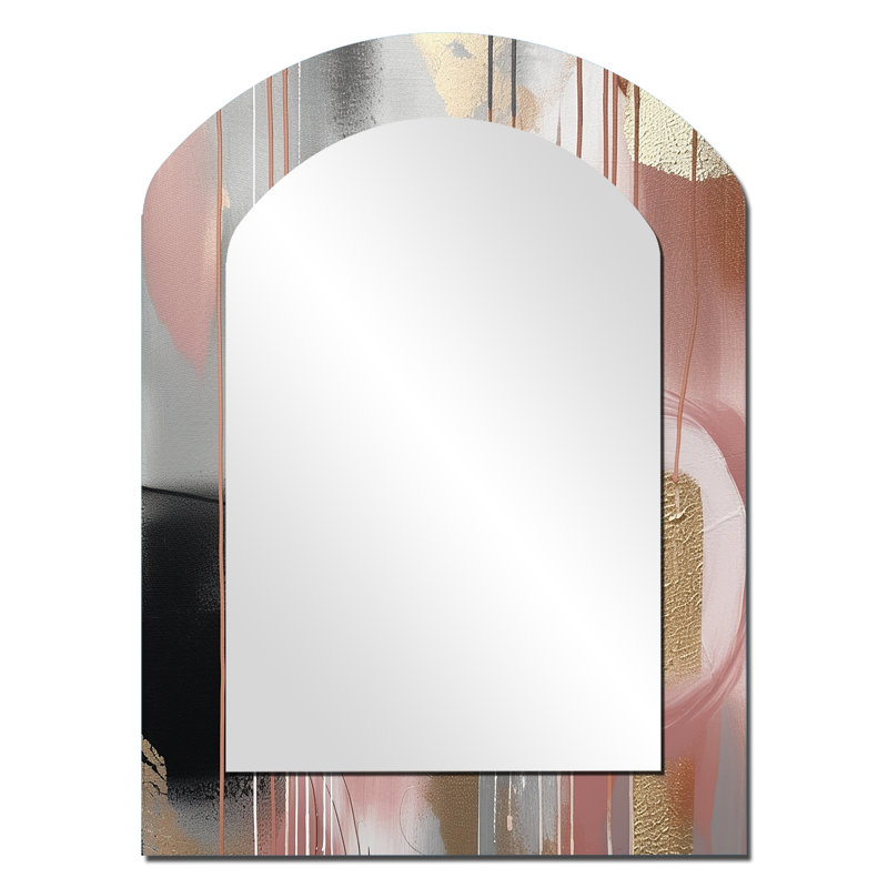 Pink Gold Circle Complexity - Transitional Shapes Arch Wall Mirror, Modern Asymmetrical Decorative Mirror, Printed Metal Art