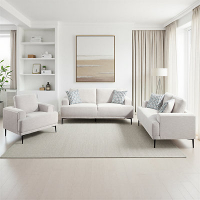 Ensemble de salon 3 pièces moderne et contemporain Rowlands avec revêtement en chenille luxueux, coussins de dossier réversibles et pieds en métal noir élégant