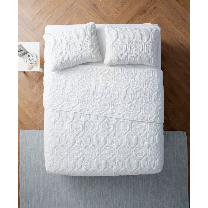 Ensemble de courtepointe gaufrée 3 pièces Shore, Courtepointe grand + 2 couvre-oreillers standard, Blanc neige