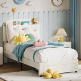 Upholstered Platform Bed With Large Storage Drawer And Bookcase Headboard, Twin