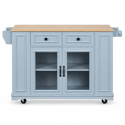 Mobile Kitchen Island with Wooden Prep Countertop, Glass Door Cabinet, Two Drawers, Open Shelves, Power Outlet, Locking Wheels, Towel Rack and Knife H