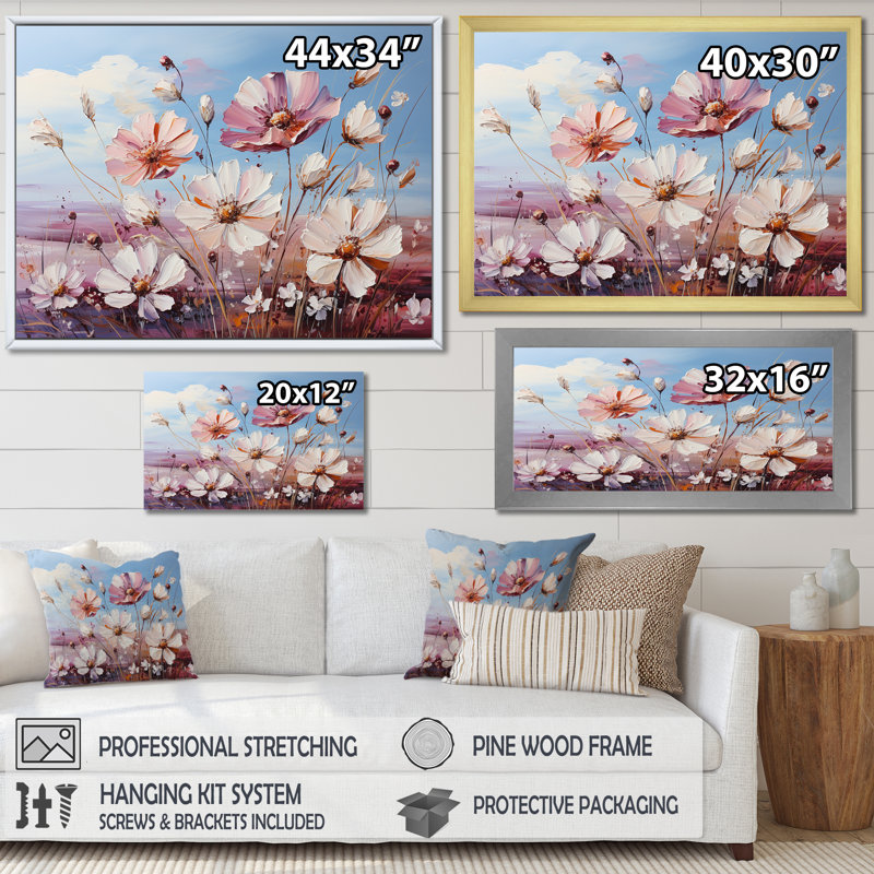 Mauve, fleurs sauvages mauves, impression sur toile, Cadre simple argenté, H 34 po x l 44 po x P 1,5 po