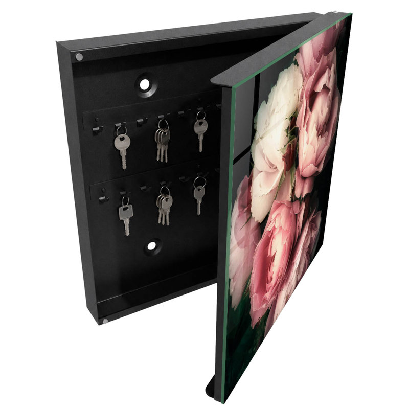 Key box for home, Opens to the right, 30x30x5, White, Romantic roses on a dark background, 