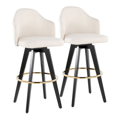 Tabouret de bar à hauteur fixe avec pivot en bois noir et tissu crème avec repose-pieds rond en métal doré - ensemble de 2