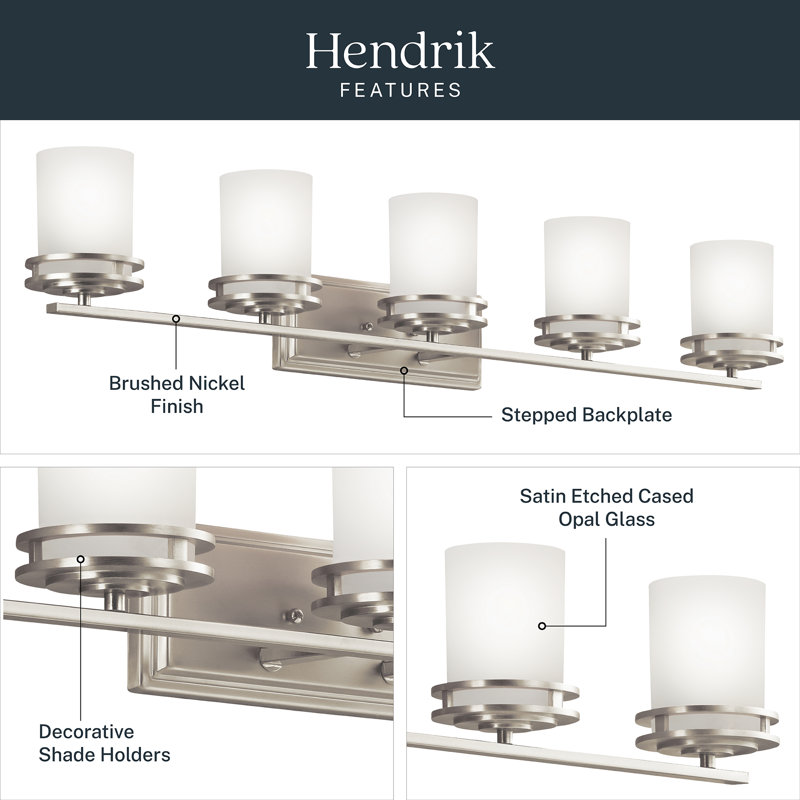 Hendrik 5-Light Brushed Nickel Vanity Light with Etched Glass Shades, Brushed Nickel
