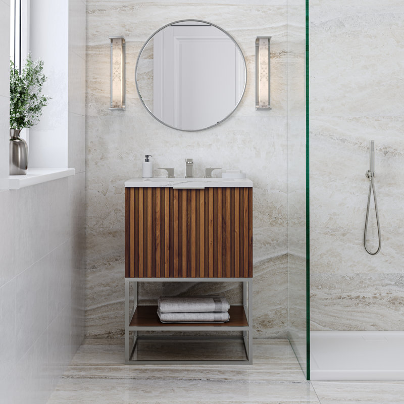 Terra 24'' Single Bathroom Vanity with Top, Brushed Nickel, Calacatta Quartz/Widespread Faucet Mount