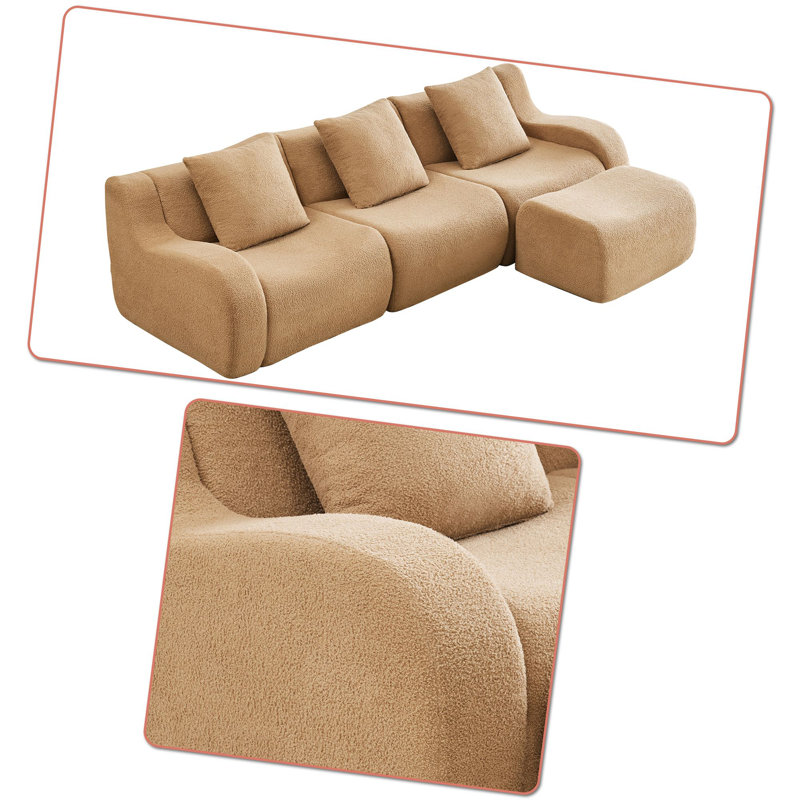Canapé modulaire rembourré 3 places avec repose-pieds, Combinaison chameau, H 35,43 po x l 115,33 po x P 65,73 po