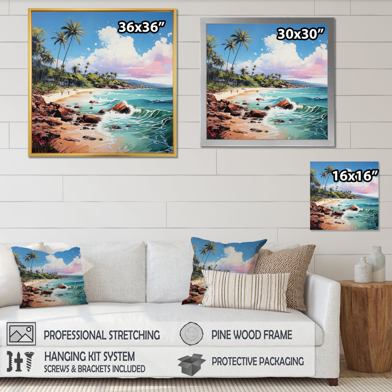 Beach Tropical Vibes Pointillism IV - Beach Canvas Art Print, H 36 po x l 36 po, Cadre flottant blanc