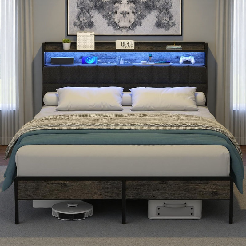 Base de lit plateforme moderne avec lumières DEL RVB et station de charge - tête de lit ergonomique, rangement sous le lit