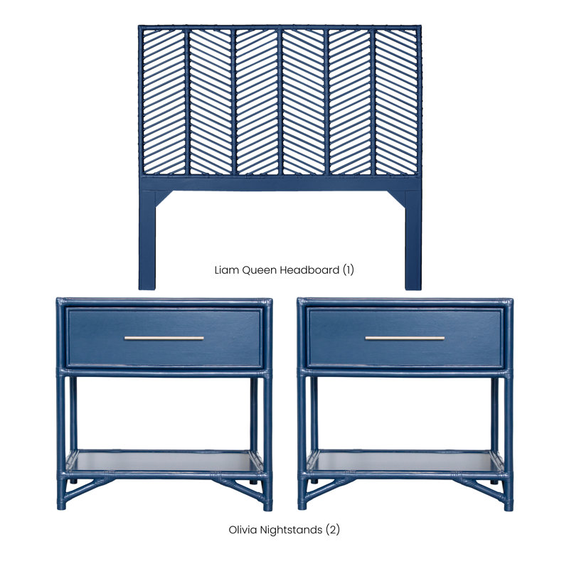 Liam Queen Headboard And Olivia Nightstand Set – Navy Blue, Queen, 3 Pcs: Headboard, 2 Nightstands, Navy Blue