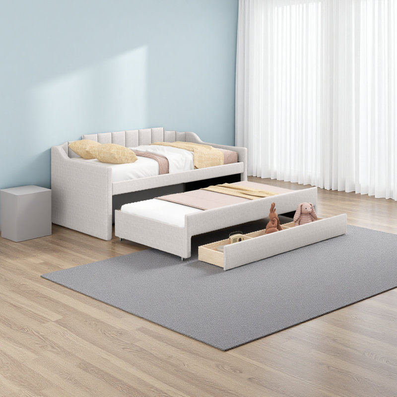 Twin Size Upholstered Daybed With Trundle And Three Drawers, Beige