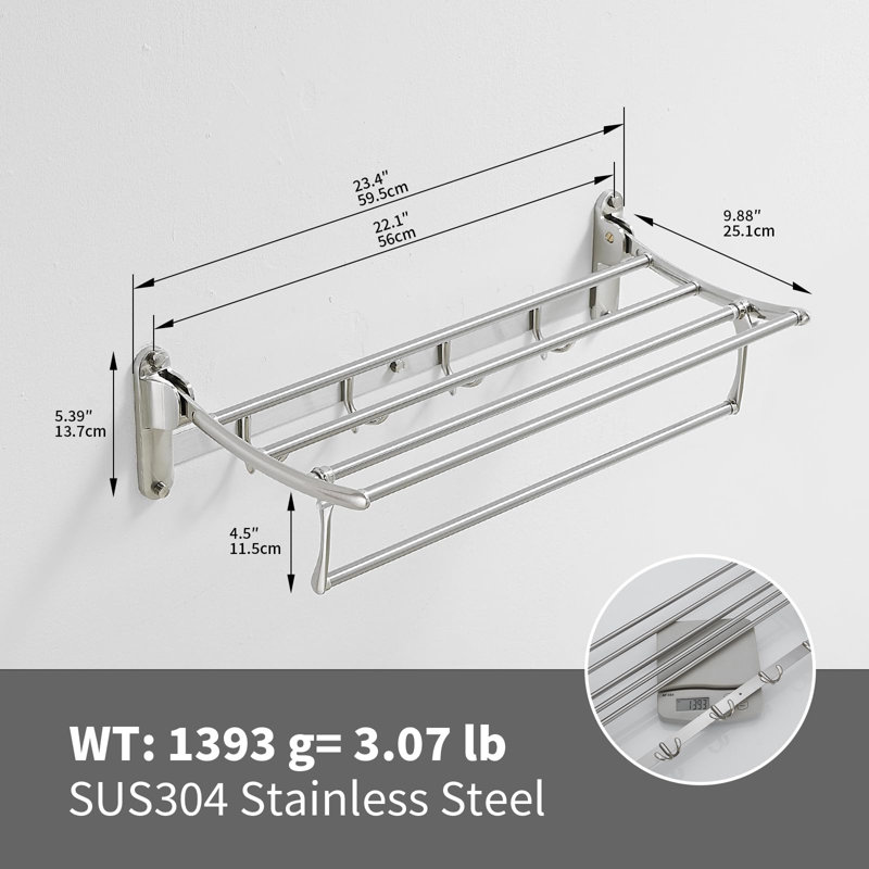24 Inch Brushed Nickel Wall Mounted Foldable Towel Rack with Hooks