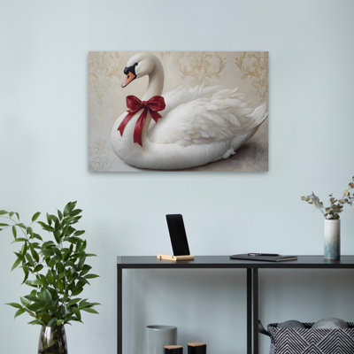 Festive Swan - cygne contemporain, ruban rouge, art d'oiseau élégant