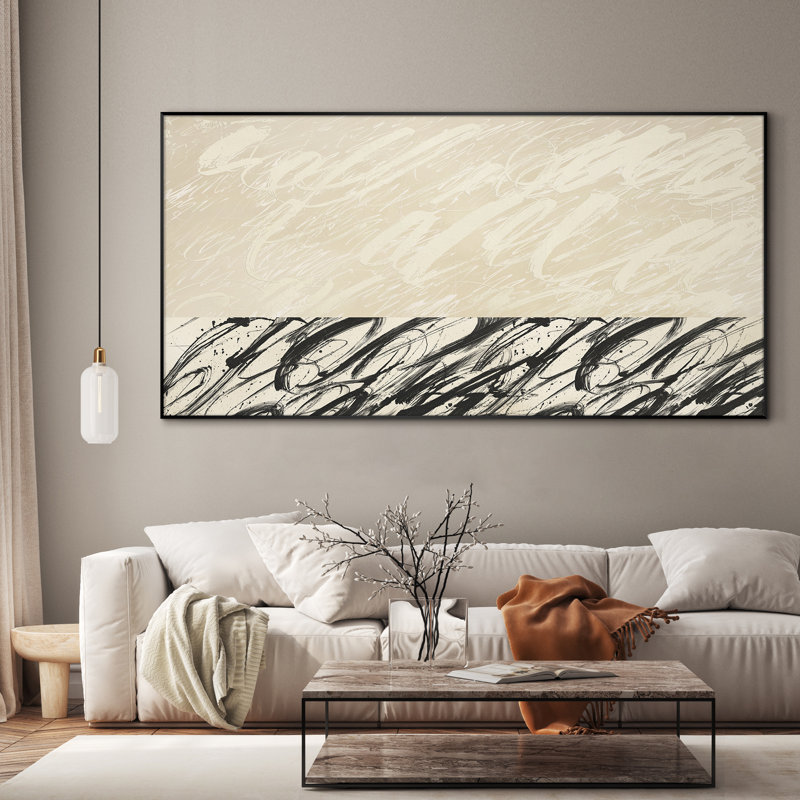 Très grande reproduction d'art moderne abstrait calligraphie moderne - noir et beige d'inspiration script d'inspiration contemporaine, décor neutre pour le salon ou la chambre à coucher, assemblage requis