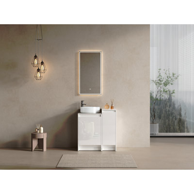 Meuble-lavabo autoportant de 32 po avec lavabo en céramique d'art et 1 petite armoire de rangement, portes à fermeture douce, contreplaqué (emballage KD)
