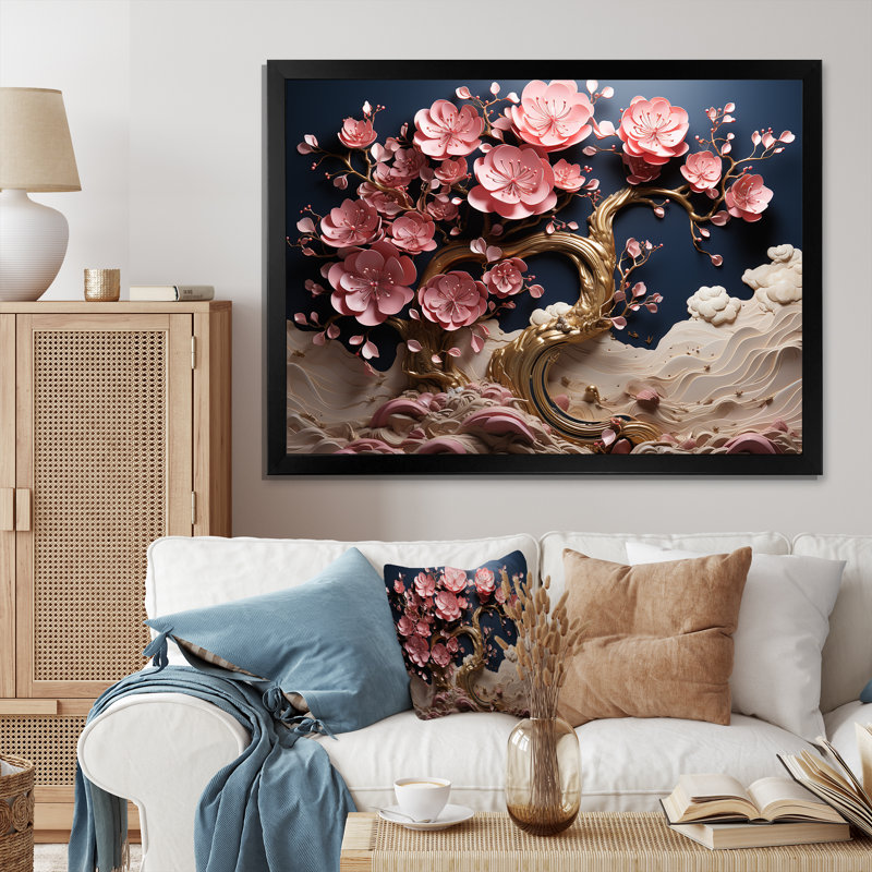 Orchidée bleue et rose, branches d'arbre I - art mural arbre, Cadre d'angle fermé noir, H 16 po x l 32 po x P 1 po