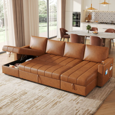 115" U-Shaped Faux Leather Sectional Sleeper Couch,  Pull-Out Sofa Bed with Hidden Storage for Living Room