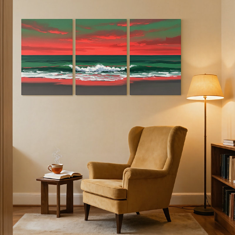 Nautique et plage, ciel rouge, vagues océaniques, coucher de soleil, ensemble de 3 impressions sur toile, H 24 po x l 48 po