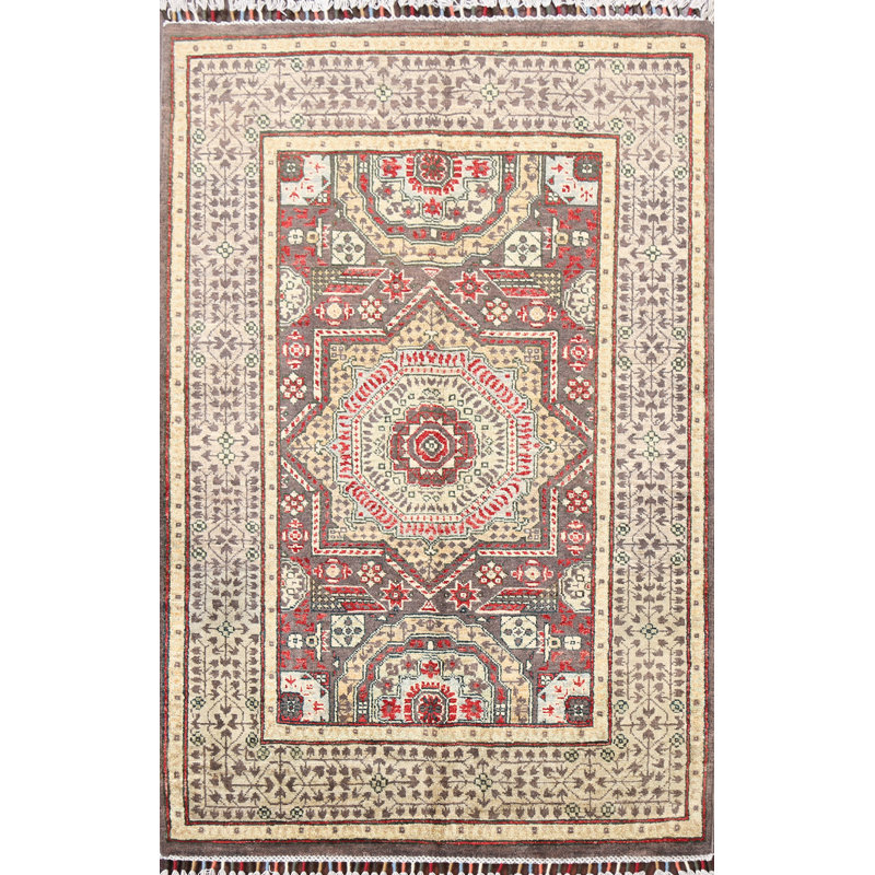 Tapis brun en laine noué à la main de conception unique 3 pi 6 po x 4 pi 10 po Lucie-Rose