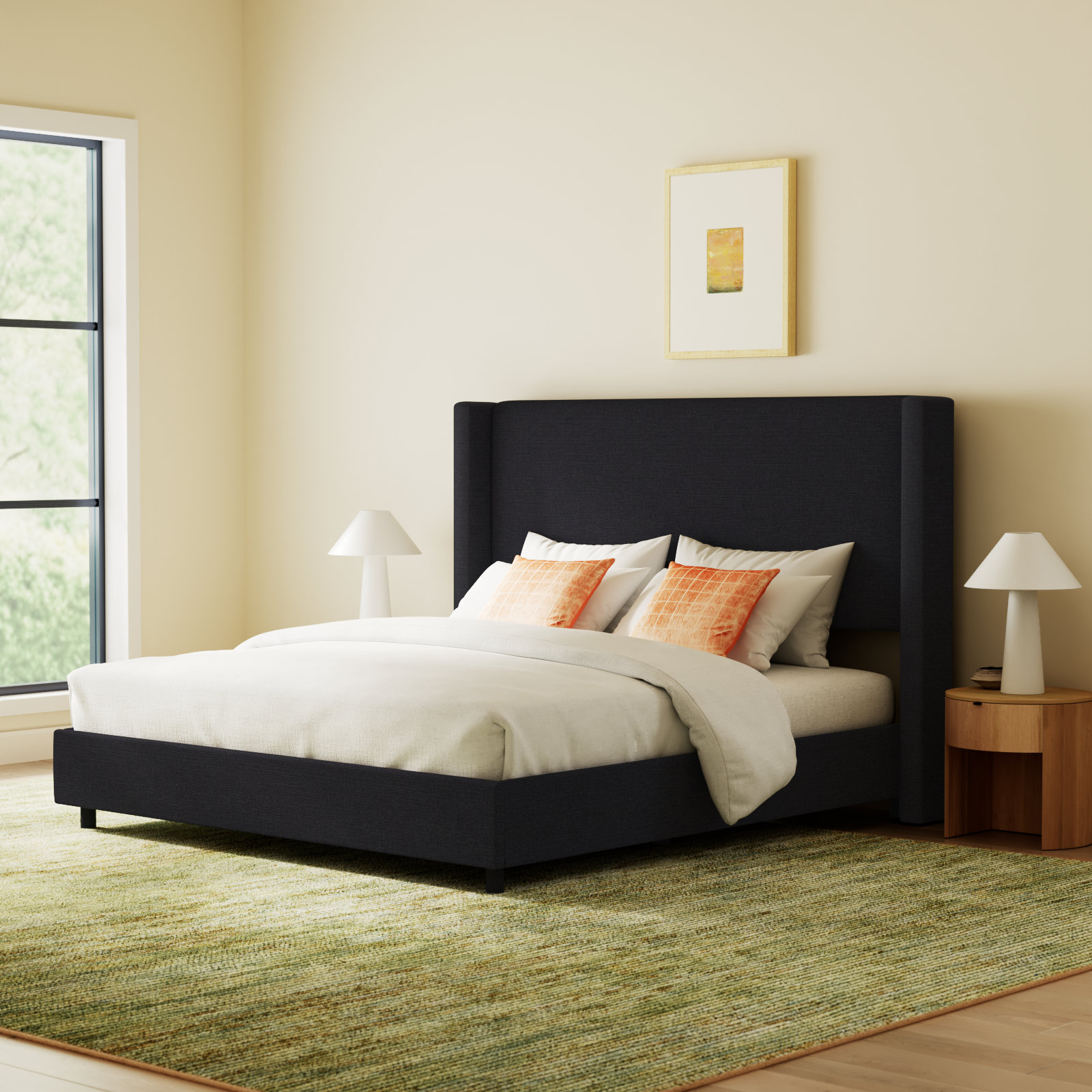 Hanson Linen Upholstered Wingback Bed, King, Classic Black Linen