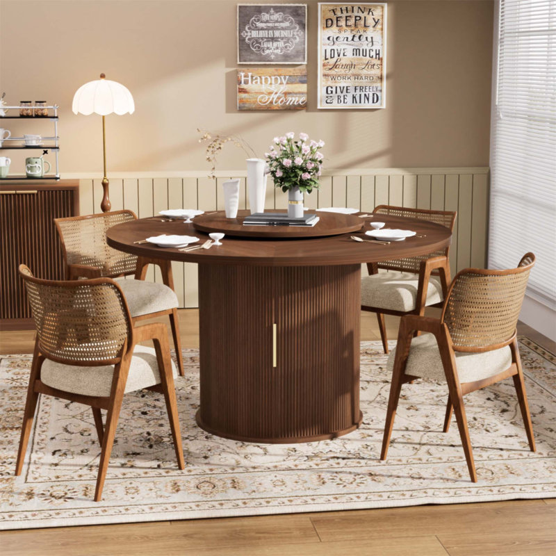 Table de salle à manger ronde de 55 pouces avec plateau rotatif et rangement à deux niveaux, parfaite pour la salle à manger et le salon (table seulement)