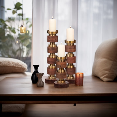 Foxx Modern Neutral Hollis Wood Candle Sticks, Set of 3 - 6" x 6" x 22"