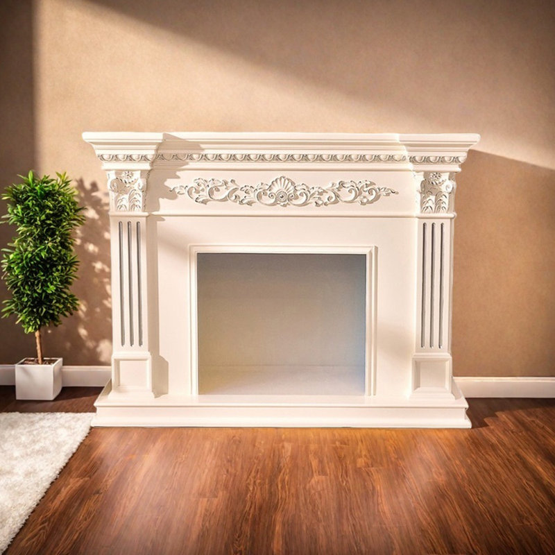 Three-dimensional carving craft fireplace, 45.66" H x 59.05" W x 12.99" D, White