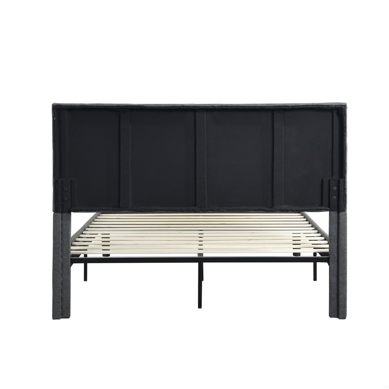 Queen Upholstered Platform Bed with Headboard, Wood Slat Support, No Box Spring, Gray