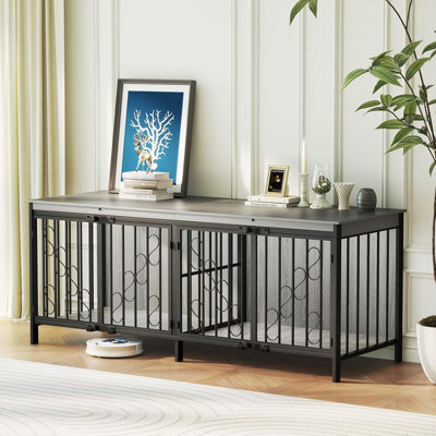 Meuble télé 71 pouces pour 2 chiens, cage décorative en bois pour chien avec support télé pour grands et petits chiens