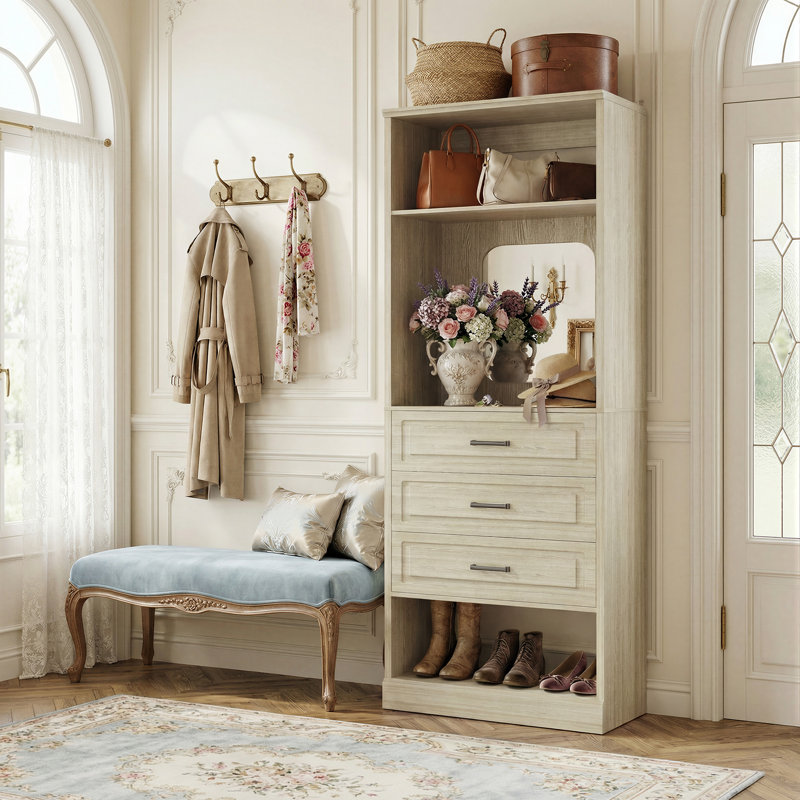Système de placard Danniele avec 3 tiroirs, miroir et conception anti-basculement, Chêne blanchi