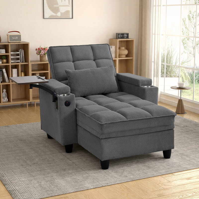 Méridienne convertible simple avec USB et Type-C, 2 porte-gobelets, table d'appoint, rangement sous le siège et accoudoirs de rangement