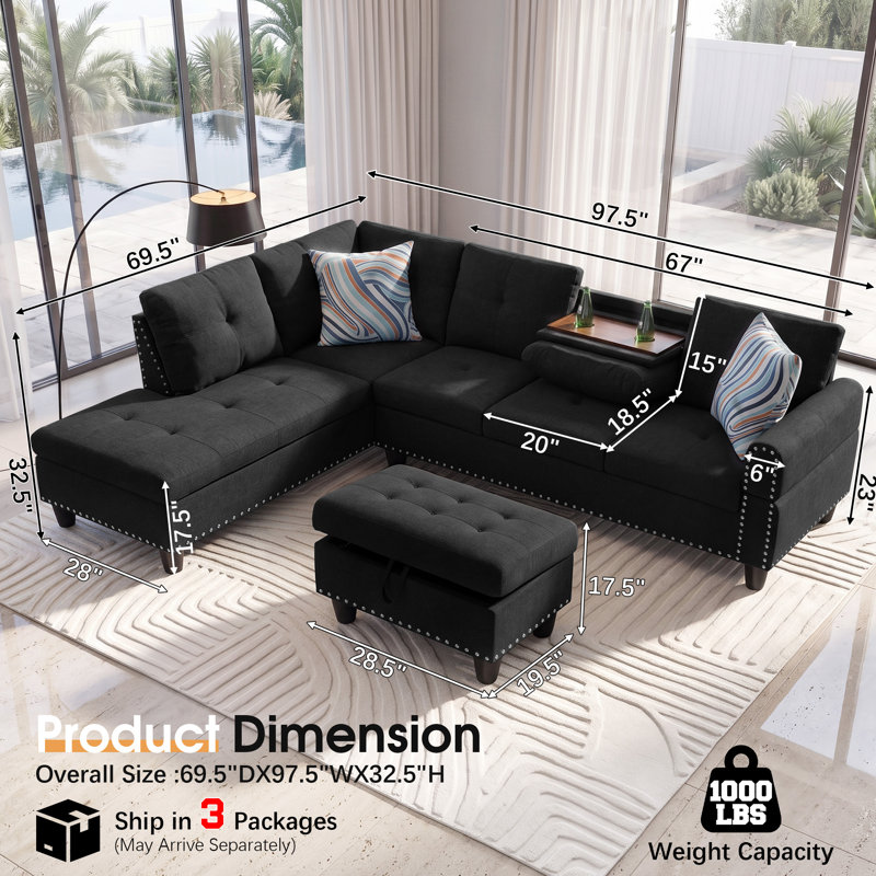 Canapé modulaire en L de 98 po avec méridienne gauche, repose-pieds avec rangement et porte-gobelets Aenkyo, tissu en lin, noir