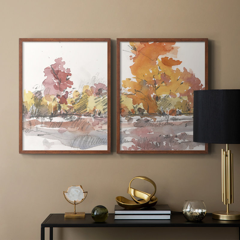 «Watercolor Treeline S croquis I», reproduction encadrée de qualité supérieure - prête à être accrochée - aucun clou requis - aucun clou requis