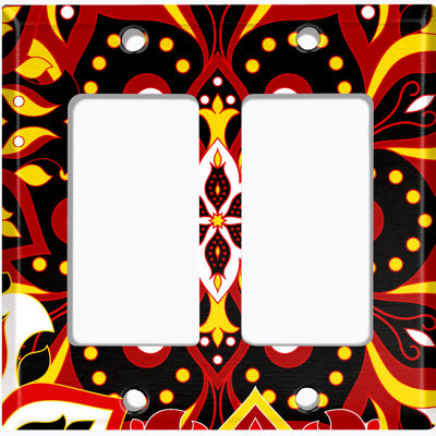 Metal Light Switch Plate Outlet Cover (Red Black Mandala Flowers Tile   - Double Rocker)