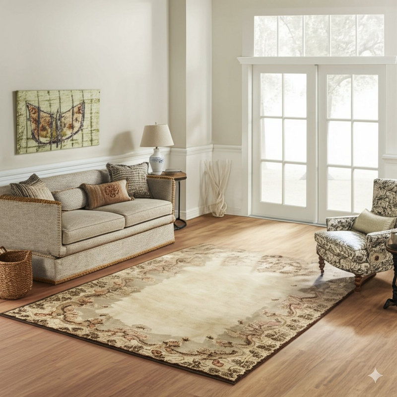 9x12 Ivory Hand-Knotted Wool Floral Border Solid Open Field Modern Contemporary Carpet Rug
