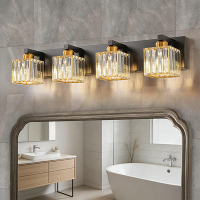Luminaire de meuble-lavabo moderne en cristal noir et or avec abat-jour carré - applique murale à 4 lumières à intensité variable pour miroir