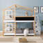 Lit double superposé double avec toit, fenêtres, tableau noir et échelle de rangement, idéal pour les chambres d'enfants et les aires de jeux-34981960