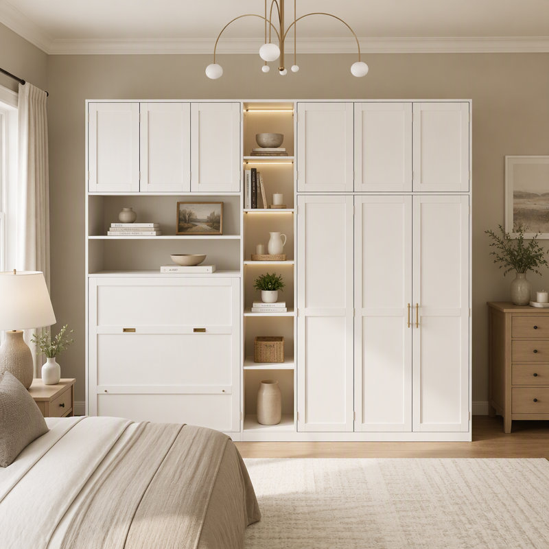 Lit armoire Murphy avec garde-robe et tablettes de rangement, Blanc