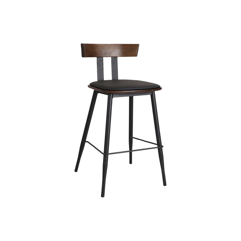 Tabouret de bar d'intérieur en métal noir avec dossier en bois d'orme noyer et siège en vinyle noir