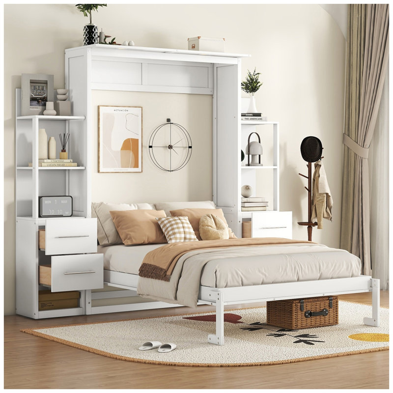 Lit escamotable moderne avec tiroirs et lumières DEL Modern, Double, Blanc