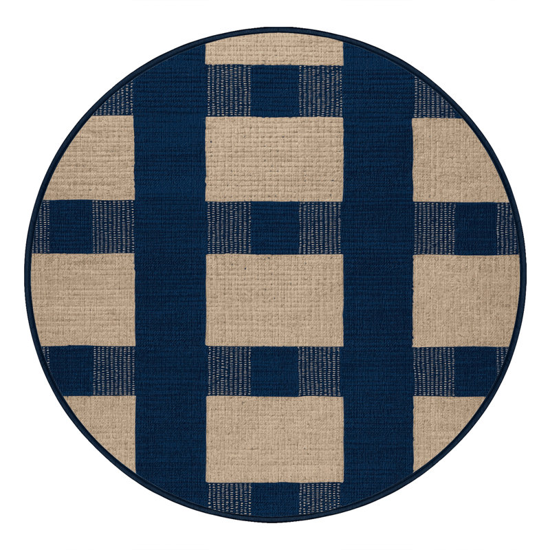 Machine Washable Checkered Blue Area Rug, Round 7'